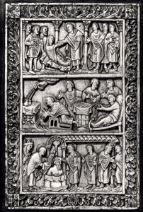 Plaque sculptée pour une couverture de livre représentant des scènes de la vie de Saint Remi (c.437-533) et le baptême de Clovis I (465-511) - French School