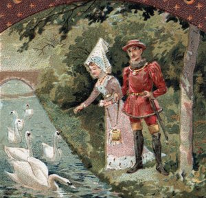 Charles VII (1403-1461) avec sa favorite, Agnès Sorel (dite la Dame de Beauté-sur-Marne) (1422-1450) nourrissant des cygnes dans le parc du château de Savigny-sur-Orge. Chromolithographie de la fin du XIXe siècle