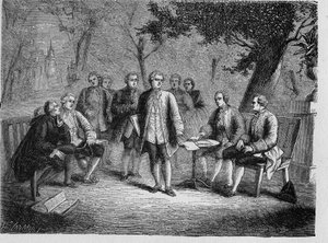 Charles de Secondat Montesquieu avec le cénacle scientifique au château de Clairac, France - Le cénacle scientifique du château de Clairac : Montesquieu et le baron de Secondat, son fils, le chevalier de Vivens, Romas et les frères Dutilh - dans « Album de