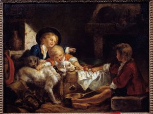 Enfants : trois jeunes enfants et deux chiens dans une grange - French School