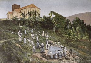 Enfants en Nouvelle-Calédonie emmenés au lavoir par les Sœurs Missionnaires, gravé par Gillot, fin du 19e siècle