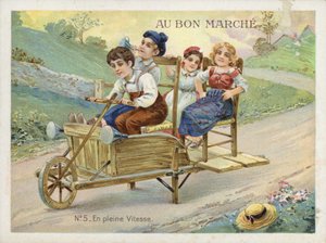 Enfants jouant sur une brouette transformée - French School