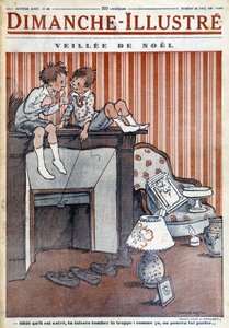 Enfants assis sur la cheminée, tendant un piège au Père Noël, pour le journal de Noël 1930 "Le Dimanche illustré" (gravure)