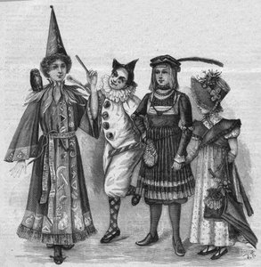 Vêtements pour enfants : costumes de sorcière, clown, page et "Empire". Gravure dans "La gazette du dimanche" du 23 janvier 1896.