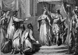 Chilpéric Ier (ca. 539-584), roi de Neustrie, couronnant son épouse, Frédégonde (545-597), reine du royaume, en 568. Gravure du XVIIIe siècle.