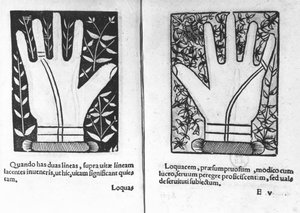 Mains chiromantiques, illustration de Chiromatiae Principiis...Anastasis par Bartolommeo della Rocca (Cocles) 1467-1504) 1555