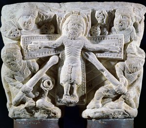 Christ en croix, relief sur un chapiteau de colonnes jumelles - French School