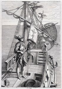 Christophe Colomb sur sa remorque, ill. « Découverte de la Terre » par Jules Verne, éd. Hetzel, 19e siècle