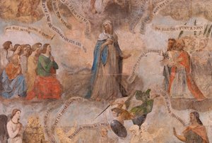 Église Saint-Jean-Baptiste. Intérieur. Chapelle Saint-Fursy. Peintures murales. La glorification de Marie (fresque dite de la bonne mort). Début 17ème siècle.