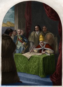 Clément XIV (Clemente ou Clemens) (1705-1774) abolissant la Société des Jésuites le 21 juillet 1773. Gravure de 1842 dans « Histoire des papes : crimes, meurtres, empoisonnements, parricides, adultères, incestes... » par Maurice Lachatre. Collection privée - French School
