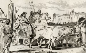 Clovis III (682-95) dans un char tiré par des bœufs, avec Pépin II de Herstal (c.714) à ses côtés, de 