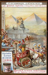 Colosse célèbre : le Grand Sphinx (long 55m, haut 20m) : Ramsès II, le Grand, rendant hommage au Sphinx - Chromolithographie Liebig