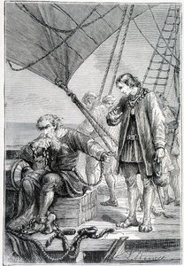 Colomb ligoté comme un méchant (sur le pont du navire), ill. « Découverte de la Terre » par Jules Verne, éd. Hetzel, 19e siècle