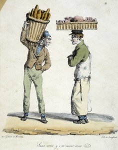 Conversation entre un boulanger et un charcutier : « Sans nous, nous mourrions tous ! » Gravure du 19ème siècle - French School