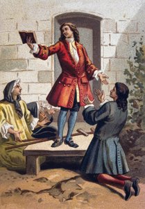Pratiques convulsionnaires (Convulsionnaires de Saint-Médard) - Jansénisme : les convulsionnaires (fanatiques jansénistes) du cimetière Saint-Médard sous Louis XV. Chromolithographie vers 1890. - French School