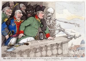 La Corse et son regard sanguinaire sur Paris à travers la fenêtre des Tuileries - dans "Napoléon I", caricatures, collection factice, vers 1814-1815