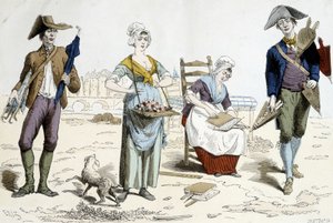 Costumes de Paris à travers les siècles. Illustration des vêtements du XVIIIe siècle : marchand de parapluies, fleurs, matelas en carton et marchand de soufflets.