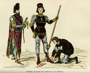 Costumes de prince, de son écuyer et de son valet, au XVe siècle. Gravure en couleurs, dans "France et les français à travers les siècles" par Augustin Challamel, F.Roy éditeur, Paris 1882. Collection Selva - French School
