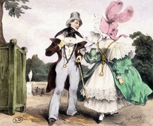Couple marchant, dessin par Guy Forest, vers 1829