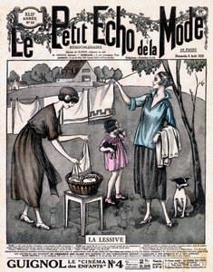 Couverture du journal "Le petit écho de la mode" - deux femmes avec une fille et un chien étendent le linge à sécher dehors, n°32 du 8 août - French School