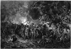 Coutume de Nouvelle-Calédonie : Pilou pilou, danse traditionnelle kanak. Gravure dans "Le Monde Illustré" n°772 du 27 janvier 1872