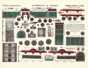 Dessins découpés pour une locomotive à vapeur et un tender, vers 1880