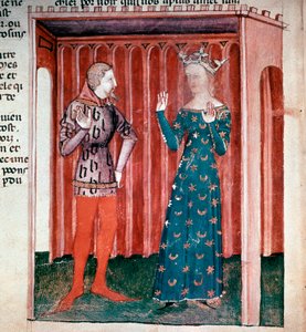 Cycle du roi Arthur : le chevalier Lancelot du Lac et la reine Guenièvre. Miniature du manuscrit « La quête du saint graal » (ms. fr 343 fol. 6) 1380-1385 Paris B.N.