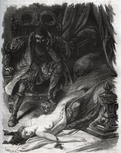 Mort de Françoise de Foix, Comtesse de Châteaubriant (ca. 1495-1537), assassinée par son mari Jean de Laval Comte de Châteaubriant (Laval-Châteaubriant) (1486-1543), qui se vengea ainsi des infidélités de sa femme. Gravure de 1871 dans « Histoire Des - French School