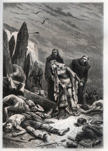 Mort du roi Harold II (1022-1066) à la bataille de Hastings en 1066 - Edith Swannesha (Swanneck), dite Edith la Juste (1025-1086) découvre le corps de son mari