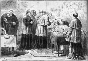 Décès du pape Pie IX (Pio) (1792-1878) : rituel de reconnaissance de la mort du pape. Un cardinal frappe le front du défunt avec un marteau en argent. Gravure dans « Le Monde Illustré » n°1089 du 16 février 1878 - French School