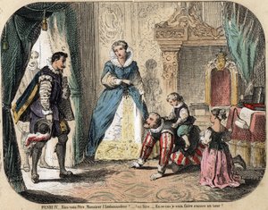 Description des loisirs et jeux des enfants : le roi de France Henri IV (1553-1610) jouant avec ses enfants (probablement Louis XIII et Élisabeth de France) devant l