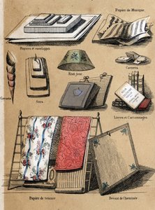Description des différents produits et usages du papier : différents objets fabriqués à partir de papier (enveloppes, partitions, sacs, abat-jour, cahiers et livres, papier peint. Planche « Le papier et ses produits » dans « Les Récréations instructives » 