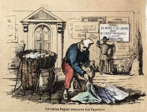 Description des divers produits et usages du papier : le vieux papier est ramassé pour redevenir chiffon. Planche "Le papier et ses produits" dans "Les Récréations instructives" par Jules Delbruck