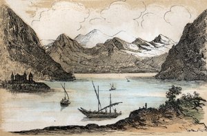 Description des différents types de paysages et reliefs selon la géographie : détail représentant le lac Léman. Planche "Géographie physique" dans "Les Récréations instructives" par Jules Delbruck