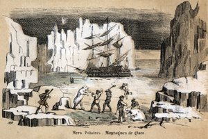 Description des différents types de paysages et reliefs selon la géographie : détail représentant un paysage arctique avec des ours polaires et des icebergs. Planche "Géographie physique" dans "Les Récréations instructives" par Jules Delbruck - French School