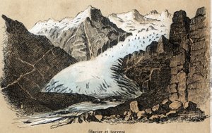 Description des différents types de paysages et reliefs selon la géographie : détail représentant un glacier (ou mer de glace) dans une chaîne de montagnes. Planche "Géographie physique" dans "Les Récréations instructives" peinture synoptique de Jules Delb