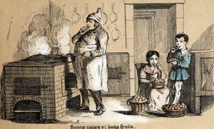 Les cinq sens : (détail) le goût, un cuisinier savoure sa sauce et des enfants croquent des fruits. Planche « Les cinq sens » dans « les Récréations instructives »