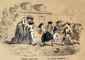 Description des cinq sens : le toucher, une mère câlinant son enfant pour un contact maternel et le jeu du colin-maillard. Planche « Les cinq sens » dans « Les Récréations instructives » Synoptique peinture par Jules Delbruck, gravure de 1860. Collection p