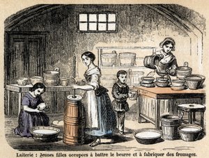 Description des divers métiers et produits du mouton : jeunes laitières fabriquant du beurre et des fromages dans une laiterie. Planche "Les moutons" dans "Les Récréations instructives" par Jules Delbruck