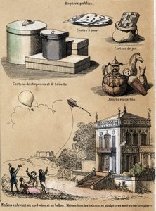 Les divers produits et usages du papier : boîtes en carton et chapeaux, cartes à jouer, jeux tels que cerfs-volants ou ballons. Planche « Le papier et ses produits » dans « les Récréations instructives »