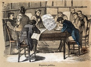 Description des différents produits et usages du papier : lecture de journaux publics. Planche "Le papier et ses produits" dans "Les Récréations instructives" peinture synoptique de Jules Delbruck, gravure de 1860. Collection privée.