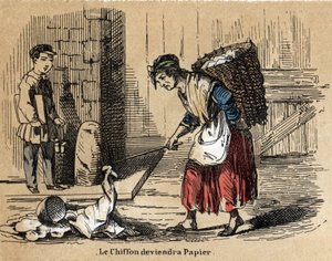 Description des divers produits et usages du papier : la collecte de vieux chiffons pour fabriquer du papier. Planche "Le papier et ses produits" dans "Les Récréations instructives" par Jules Delbruck