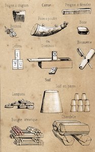 Description des divers produits et usages de la vache : peignes, jeux et boîtes en corne et os, bougies. Planche "La vache et ses produits" dans "Les Récréations instructives" par Jules Delbruck - French School