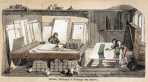 Description des différentes étapes de fabrication et usages du verre : un atelier de dorure, polissage et estampage du verre. Planche "Le verre et ses produits" dans "Les Récréations instructives" peinture synoptique de Jules Delbruck, gravure de 1860. Col