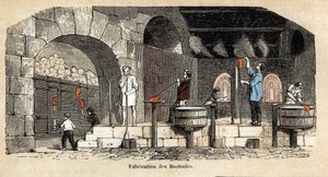 Description des diverses étapes de fabrication et usages du verre : la fabrication de bouteilles dans un atelier de souffleur de verre. Planche "Le verre et ses produits" dans "Les Récréations instructives" par Jules Delbruck - French School