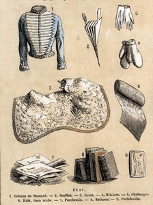 Description des divers usages et produits du mouton : travail du cuir et représentation des produits en peau de mouton, veste de hussard, soufflet, gants, reliures et parchemin, portefeuille et accessoires. Planche "Les moutons" dans "Les Récréations instr - French School