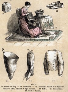 Description des divers usages et produits des moutons : produits en tapisserie et laine, chapeau, pantoufles, bas en laine, gilet en flanelle. Planche « Les moutons » dans « les Récréations instructives » - French School