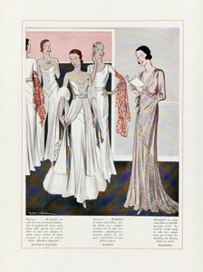 Design pour robes de soirée par Depouy-Magnin, Worth et Redfern, lithographie en couleur - French School