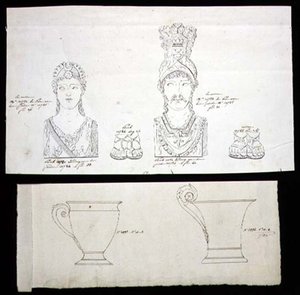 Dessins pour montures de meubles en bronze doré et tasses en porcelaine Empire français, vers 1820 - French School