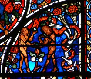 (détail) la parabole du Bon Samaritain : Adam et Ève tentés par le Serpent - French School